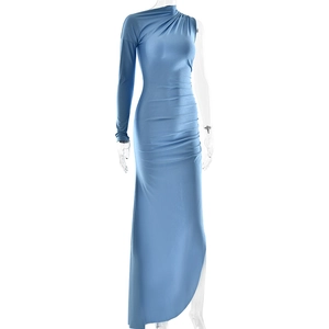 Detail of blue one-shoulder slim fit dress featuring elegant waist ruched fabric textures
