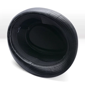 Detail of internal black fabric lining and 60cm size label on vintage leather jazz hat
