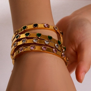 Vintage 18K Gold Plated Stainless Steel Heart Cubic Zirconia Bangle Bracelet For Women Colorful Crystal Jewelry