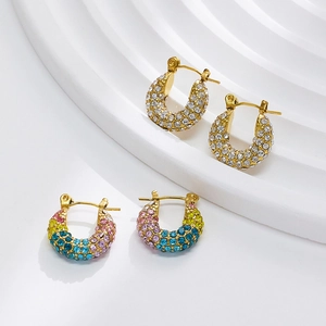 French vintage gold U-shaped hoop earrings with colorful and white pave crystals