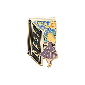 Open book enamel pin featuring Alice in Wonderland quote and Van Gogh Starry Night style