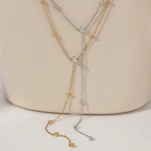 Elegant gold and silver Y-shaped stainless steel necklace with bead chain and crystal pendant