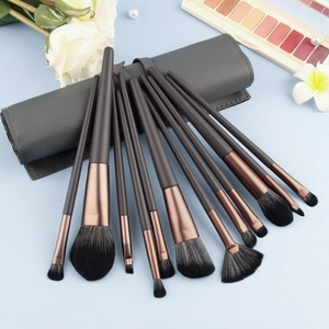 11pcs professional makeup brush set with rose gold ferrules and grey leather storage roll bag