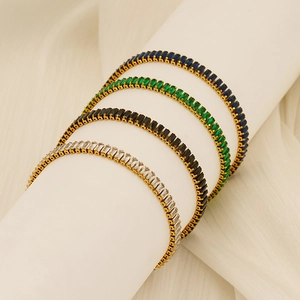 Titanium tennis bracelets with emerald, blue, black, and clear rectangle-cut zircons