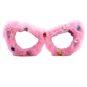 Pink plush cat-eye party glasses with colorful rhinestones on a clean white background