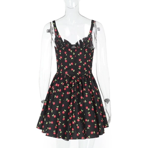 Rear view of black cherry print dress featuring thin straps and backless flare cut
