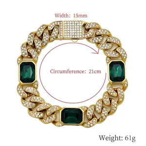 Bracciale cubano dorato hip hop con strass brillanti e pietre preziose verde smeraldo