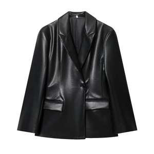 Women's Faux Leather Blazer Jacket Single Breasted Notched Lapel Slim Fit Solid Casual PU Fashion Outerwear