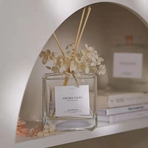 Elegante diffusore di fragranze con fiori secchi bianchi in bottiglia di vetro