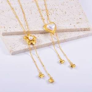 Stainless Steel Long Y-Shape Tassel Necklace Camellia Flower Heart Artificial Pearl Pendant Elegant Snake Bone Chain For Women