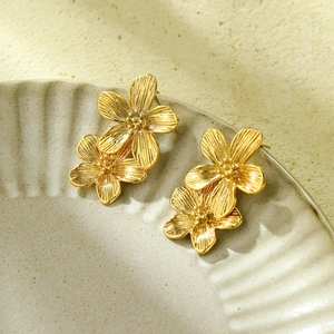 French vintage gold flower earrings with layered petals and tassel design for women