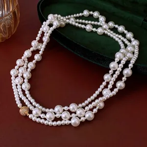 Collier De Künstliche Perles Fantaisie Multicouche Avec Fermoir Magnétique En Zircon Style Rétro Français Chaîne Longue Élégante