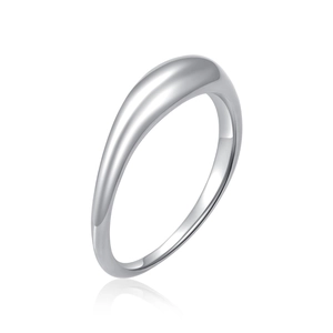 Close-up of minimalist silver stainless steel ring with polished curved surface