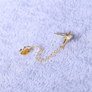 Detailed macro view of S925 sterling silver tassel chain earring with pearl and star design