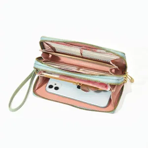 Women long wallet with double zippers in mint green and pink high capacity design