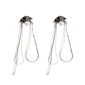 Elegant Chinese fan earrings with black enamel and long tassel drop silver needles