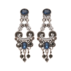 Vintage style drop earrings with dark blue oval gems and elegant pearl tassels