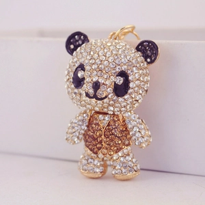 Cute panda car keychain with sparkling rhinestones on golden metal base for women
