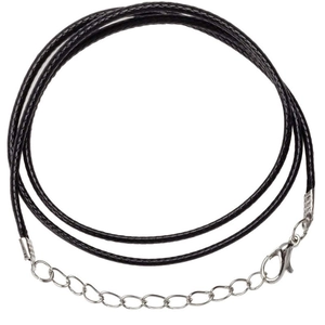 Adjustable black wax cord necklace with silver lobster clasp and extension chain