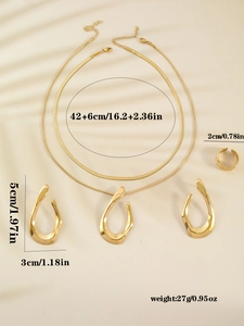 Polished gold jewelry set detailed dimensions including necklace ear studs and ring size