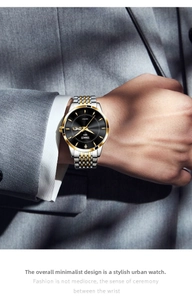 Close-up of men's business watch with bicolor steel band and black dual calendar dial