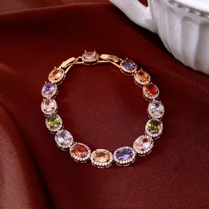 Multi Color Zirconia Tennis Bracelet Copper Gold Plated Oval Halo Vintage Jewelry For Women Elegant