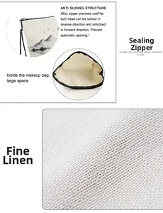 Detail of landscape print makeup bag showing the smooth alloy zipper and linen fabric texture