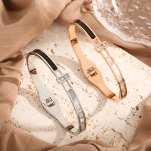 Fashion Stainless Steel Bangle With Mother Of Artificial Pearl And Zirconia Hinged Bracelet For Women Elegant Jewelry Accessory