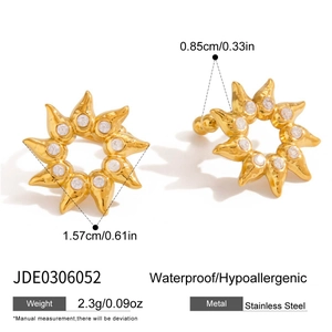 Detail of 18K gold stainless steel sunburst ear clips with sparkling white zircons