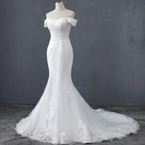 Mermaid Wedding Dress White Off-The-Shoulder Lace Embroidery Sequin Long Train Slim Fit Bride Formal Bridal Gown Mesh