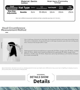 Guide des tailles détaillé pour béret en denim avec dimensions et conseils de mesure