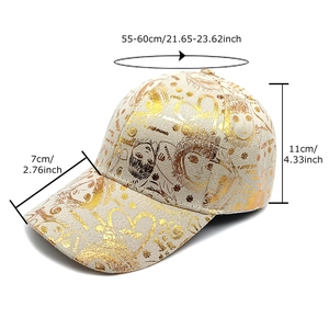 Light beige baseball cap with golden graffiti patterns and anime style illustrations