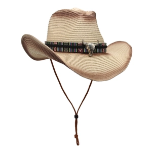Chapeau De Cowboy En Paille Avec Tête De Taureau En Métal Bande Ethnique Large Bord Protection Solaire Pliable Extérieur Plage