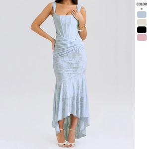 Fishtail Maxi Dress Elegant Jacquard Lace Off Shoulder Corset Sexy Bodycon Evening Party Sleeveless Ruched High Low