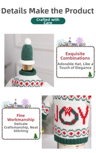 Detail of Christmas wine bottle cover with JOY knitted sweater and mini hat decoration
