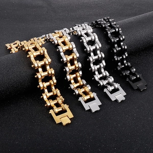 Men's 22mm stainless steel bike chain bracelets in gold, silver, black and two-tone