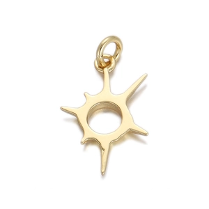 Close-up of a 18K gold plated sunburst pendant with a circular cutout and polished finish