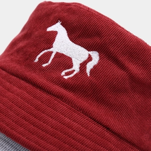 Dark red corduroy bucket hat with white horse embroidery and vintage texture