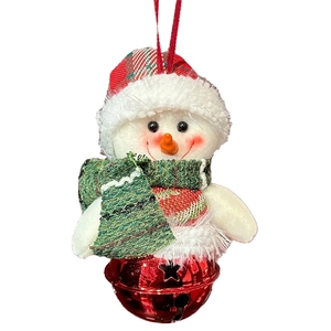 Christmas snowman ornament with red plaid hat, green scarf and red metal star bell