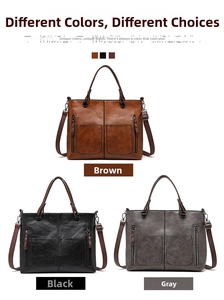 Detailed comparison of brown, black, and grey retro PU leather tote bags with straps