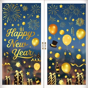 Happy New Year Window Stickers PVC Static Cling Gold Black Fireworks Champagne Glass Decals Festive Party Home Decoration