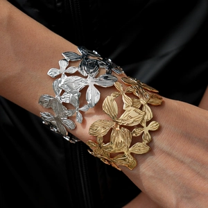 Wide Hollow Flower Cuff Bracelet Metal Open Bangle Vintage Chic Floral Statement Jewelry For Women Elegant Accessory