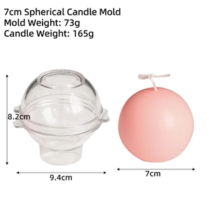 Macro detail of sphere candle mold with dimensions and 7cm pink ball candle sample