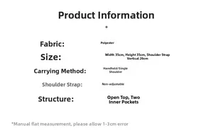 Size chart showing 35x35cm dimensions and polyester fabric for the quilted tote bag