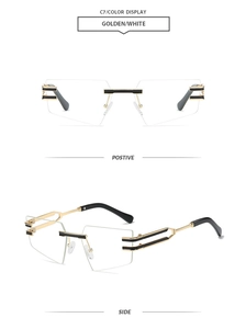 Detail view of rimless sunglasses with golden hollow temples and black lens frames