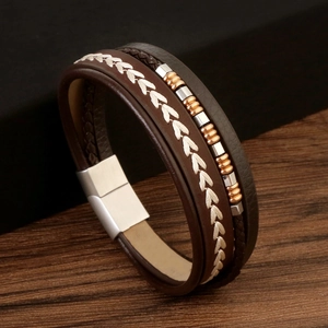 Vintage Men Multi-layer Braided Leather Bracelet With Stainless Steel Magnetic Clasp Brown Jewelry