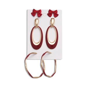 6-piece vintage red enamel bow and twisted oval earrings set on a white display card