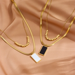 Double Layer Stainless Steel Necklace Women Minimalist Gold Plated Geometric Rectangular Pendant Snake Chain Jewelry