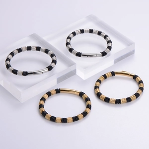Men's stainless steel and black rubber mesh bracelets in gold and silver finish