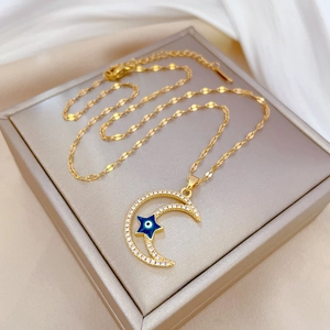 Titanium steel moon and star pendant necklace with crystal zircons and blue evil eye charm
